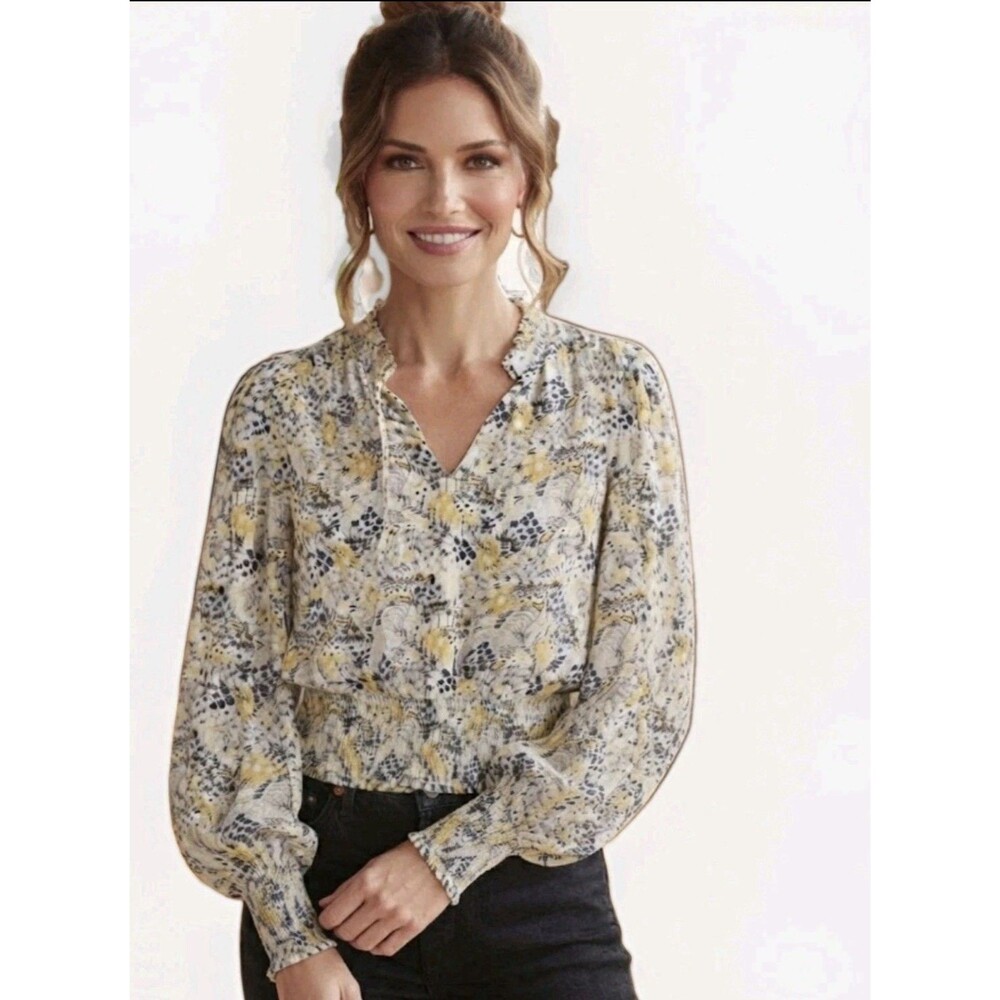 Rachel Zoe Blouse Small Smocked Waist and Sleeves Floral Balloon Sleeves